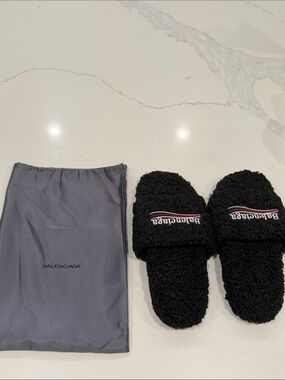 Balenciaga Black Fuzzy Logo Slide Sandals
